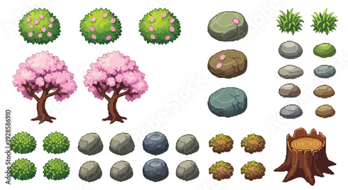 A collection of cartoonish, top-down view nature assets including cherry blossom trees, various bushes, rocks, grass, and a tree stump.