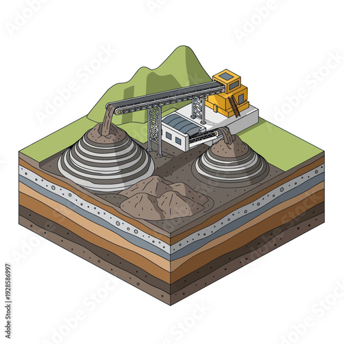 3D illustration of an open pit mine with excavator and conveyor belt.