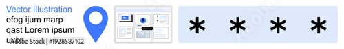 Cybersecurity, location services, data privacy, digital protection, online navigation, secure access. A blue location pin, password asterisks UI components. Cybersecurity and location services
