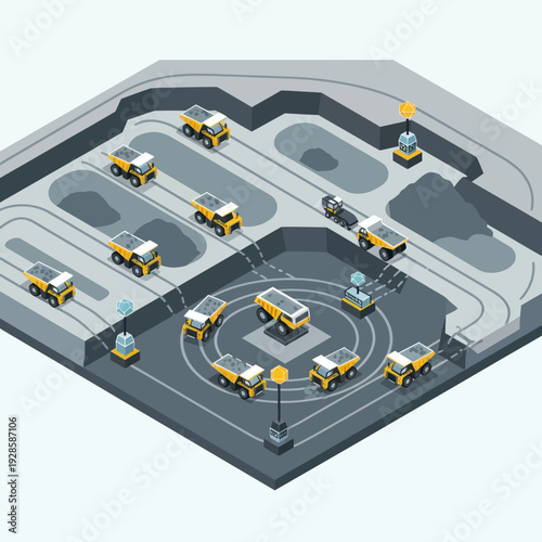 Isometric illustration of automated warehouse with robots and trucks.