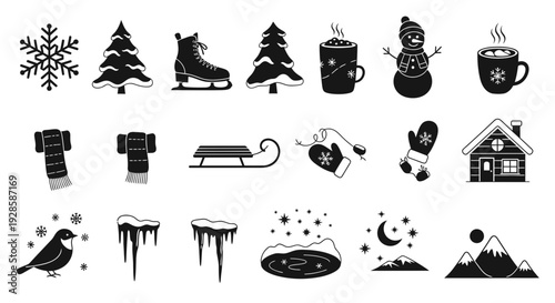 Serene Winter Wonderland Black Vector Silhouettes Icon Set Seasonal. transparent.