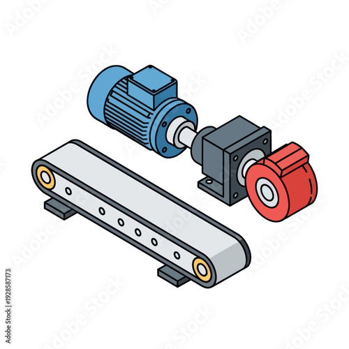 Industrial conveyor belt system with motor and gearbox components.