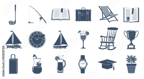 Sophisticated Elegant Set of 15 Retirement Party Vector Silhouettes in Muted Tones. transparent.