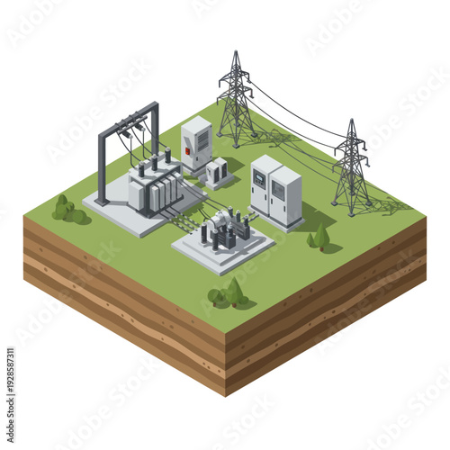 3D illustration of an electrical substation with power lines and transformers.