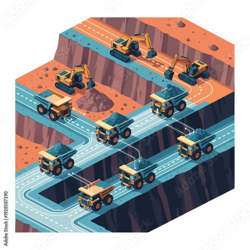 Isometric illustration of heavy machinery in an open pit mine.