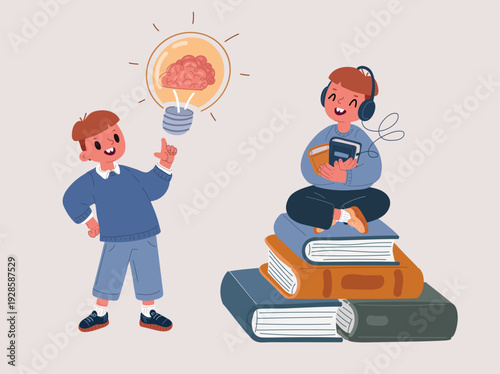 Cartoon vector illustration of two schoolboys sitting on books, listening to an audiobook, with one having an idea depicted as a brain in a light bulb as a metaphor for learning, creativity, and inspi