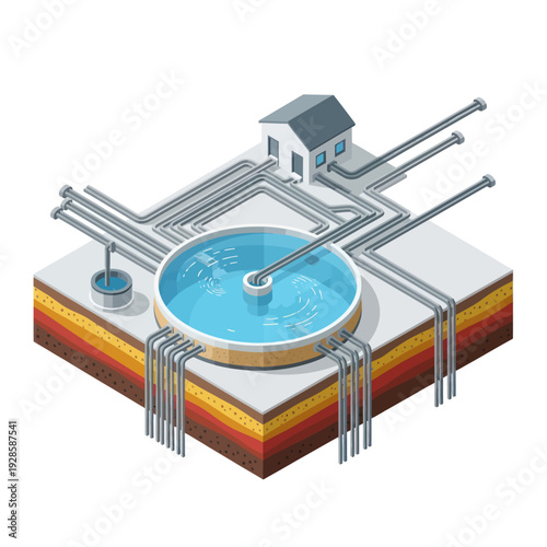 3D illustration of a water well system with a house and underground pipes.