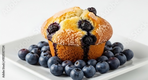 Blueberry Muffin with Fresh Berries on White Plate