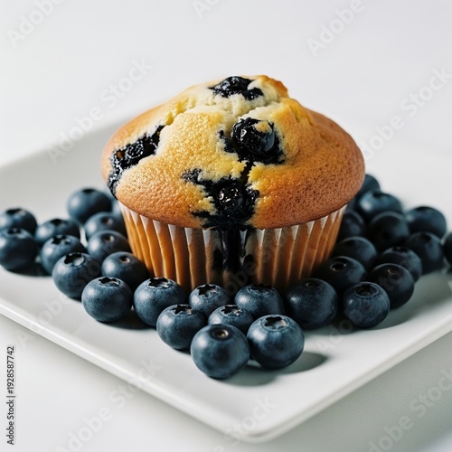 Blueberry Muffin with Fresh Berries on White Plate