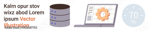 Data storage, cloud computing, analytics, workflow automation, software development, progress tracking. Server stack, laptop with gear icon and 70 percent circular indicator. Data storage and cloud