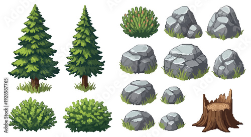 A collection of pixel art nature assets, including pine trees, bushes, rocks with grass, and a tree stump, ideal for game environments.