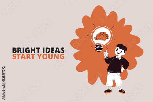 Cartoon vector illustration of a schoolboy struck by an idea with a brain inside a light bulb nearby as a symbol of creativity, inspiration, and learning