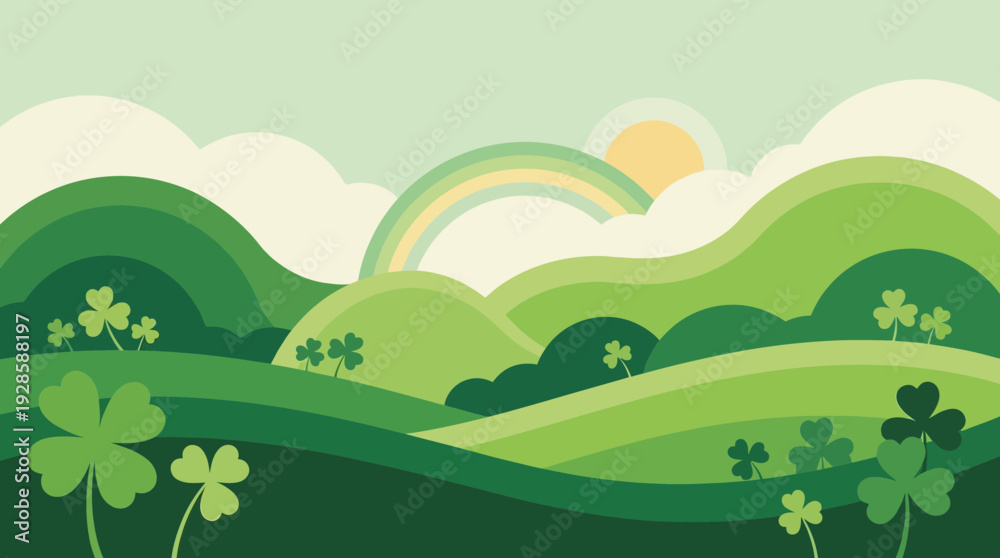 Obraz premium Vibrant green landscape with rainbow and shamrocks at sunrise