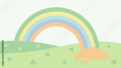 Vibrant rainbow arching over lush green hills with shamrocks