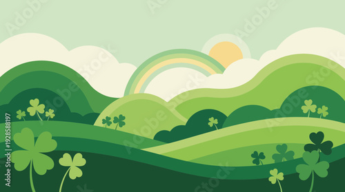 Vibrant green landscape with rainbow and shamrocks at sunrise
