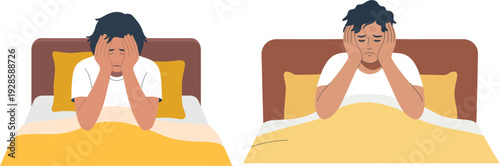 Stressed Man Sitting in Bed Suffering from Insomnia Headache or Depression Mental Health Concept Flat Vector Illustration Isolated on White Background