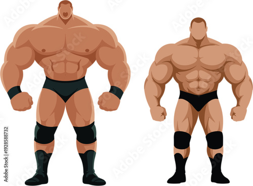 Strong muscular bodybuilder male characters showing powerful physique for fitness gym bodybuilding competition and healthy lifestyle flat vector illustration isolated on white