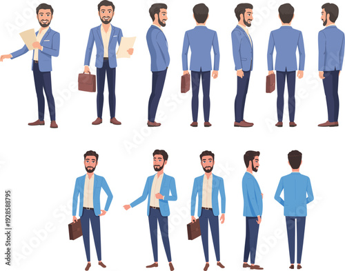 Successful bearded businessman in blue jacket with briefcase character set in various poses for corporate professional presentation office worker concept.