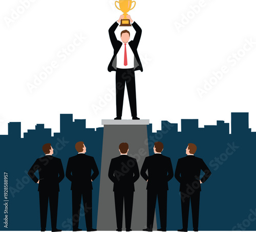 Successful businessman standing on pedestal holding gold trophy celebrating victory in front of corporate crowd over city skyline