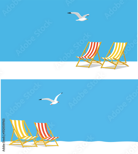 Summer beach vacation vector illustration with colorful deck chairs and seagulls flying over the blue sea and white sand background