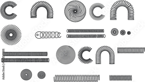 Technical Metal Spring Coil Collection with Flexible Spiral Arched and Compressed Industrial Steel Hardware Elements Vector Illustration Set