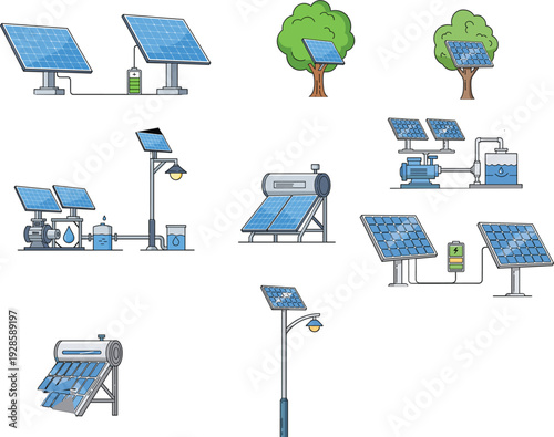 Sustainable Renewable Solar Energy System Vector Set Featuring Photovoltaic Panels Street Lights and Water Heaters for Green Technology Design