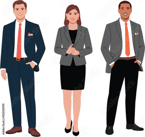 Three diverse business professional characters standing in formal office wear for corporate teamwork and successful career presentation concepts
