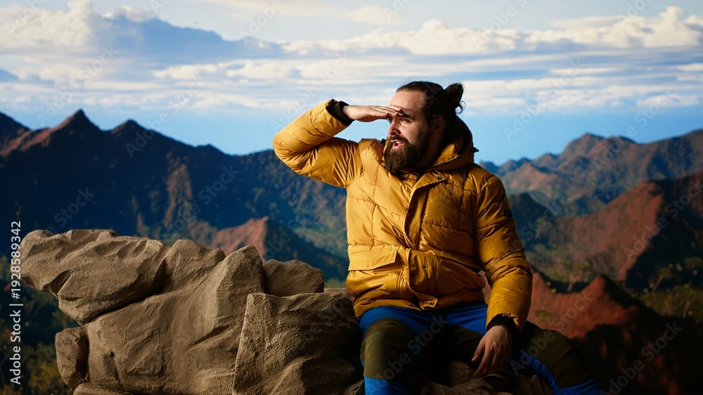 Obraz premium Male mountain hiker celebrates a victorious climb and resting at the top, arms lifted in excitement while he sits on the rocks. Panoramic view and crisp air in a scenic background. Camera B.