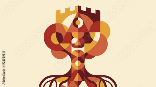 Geometric art of a person with a castle on their head in warm colors
