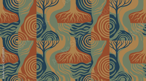 Vibrant abstract tree pattern with swirling shapes and earthy tones