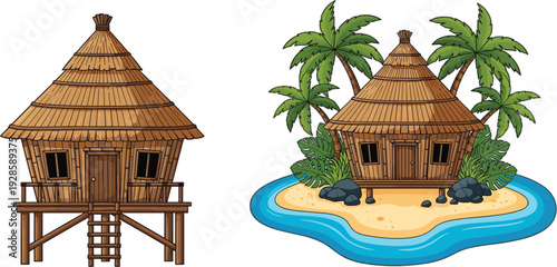 Tropical Beach Bungalow Vector Collection Featuring Exotic Wooden Stilt Huts Palm Trees Sand Island And Blue Ocean Water Illustrations