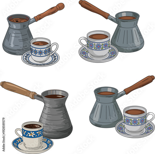 Traditional Turkish coffee pot cezve and ceramic cup set vector illustration isolated on white background for cafe branding
