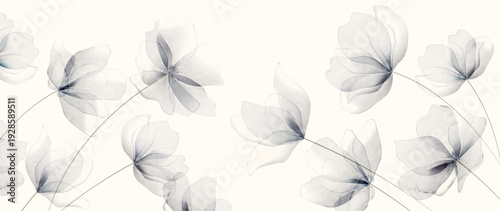 Light art background with blue transparent flowers in a watercolor style. Botanical banner for decor, prints, wallpaper, textiles, packaging, and invitations.