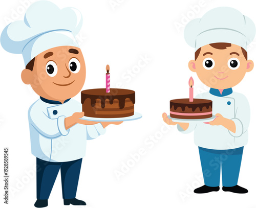 Two professional cartoon pastry chefs in white coats and blue trousers holding delicious chocolate birthday cakes with burning candles for bakery shop branding vector illustration