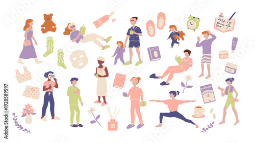 睡眠の質を高める、ヨガ、スキンケアなどをしてリラックスして過ごすパジャマを着た人物の手書きベクターイラスト素材セット Hand-drawn vector illustration set of a person wearing pajamas relaxing before bed.