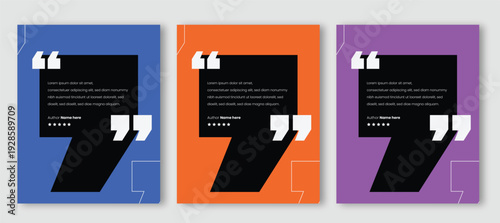 Testimonial social media post template. Vector quote banner design with large quotation mark layout and star rating.