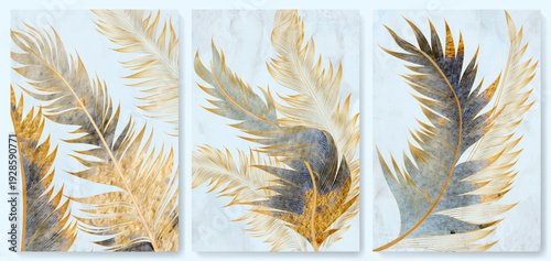 Set of posters featuring gold-colored leaves and feathers with a watercolor texture. A botanical backdrop for decor, prints, wallpaper, invitations, and covers.