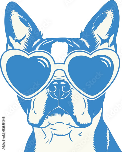 A blue and white dog wearing heart shaped sunglasses