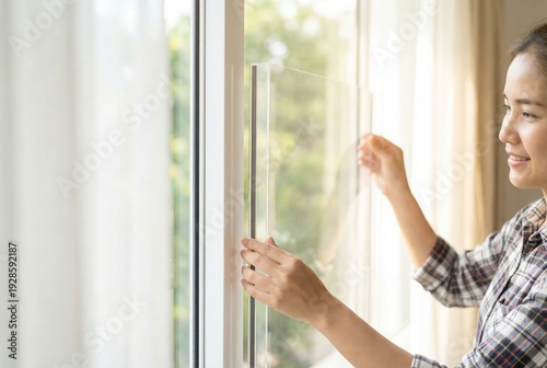 Smiling woman applying a transparent film to a window Free Download Smiling woman applying a transparent film to a window - GFXLoad