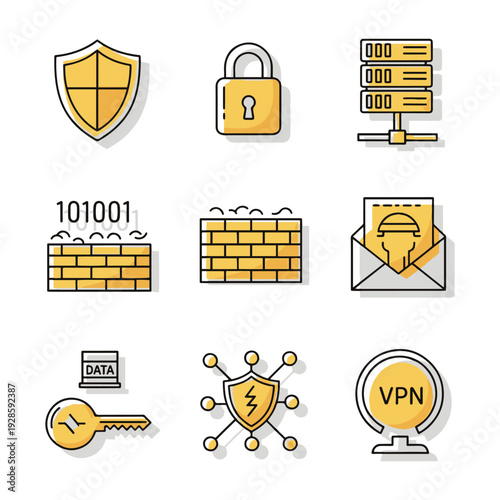 Cybersecurity icons set with protection symbols