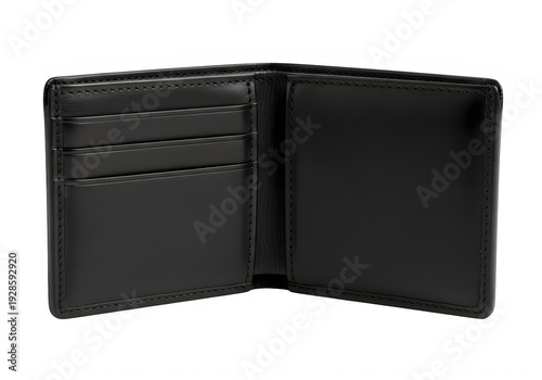 Black leather wallet open empty isolated on transparent background