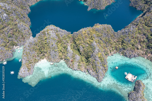 Tableau sur toile Drone aerial tropical lagoon surrounded by limestone cliffs Coron