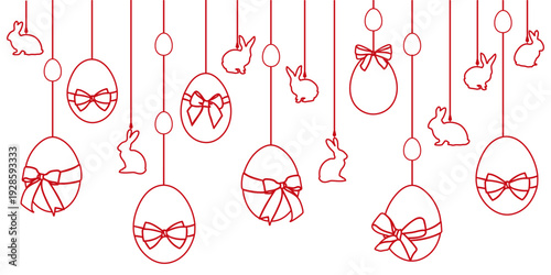Illustration vector of Easter bunnies and bunny-eared Easter eggs are hanging attractively	with red line