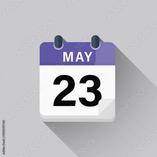 Flat design vector icon for May twenty third calendar day with long shadow on grey background