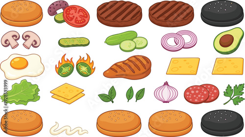 Burger Ingredients Illustration Set with Buns, Patties, Cheese, Vegetables, Sauces, and Toppings for Fast Food Menu and Vector Design Use