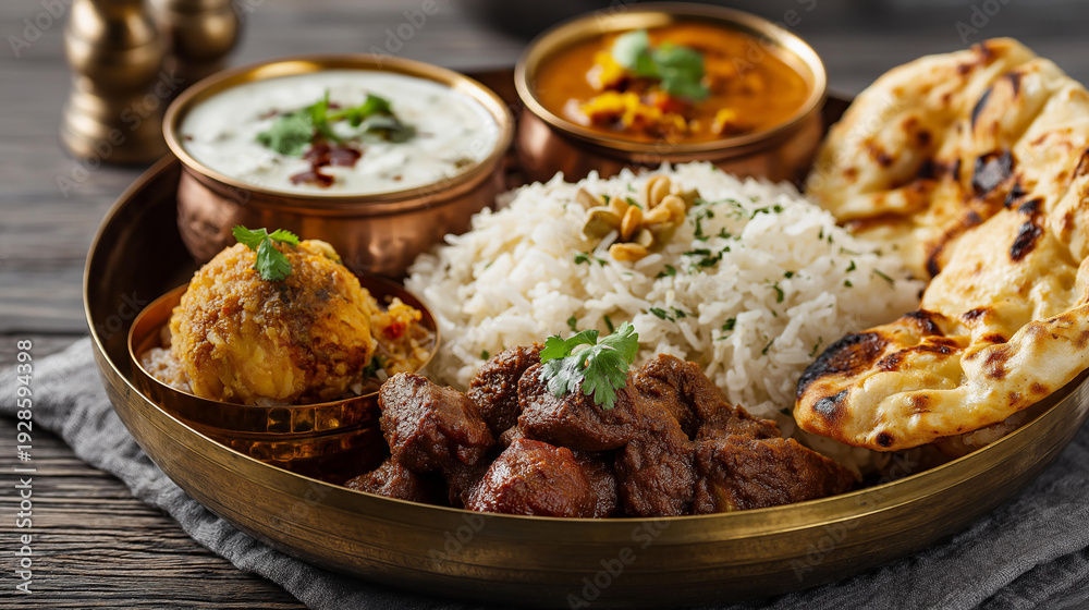 Fototapeta premium Traditional Indian thali meal served on a brass platter featuring basmati rice, naan bread, assorted curries, dal, raita, and gulab jamun sweets, defocused background, authentic