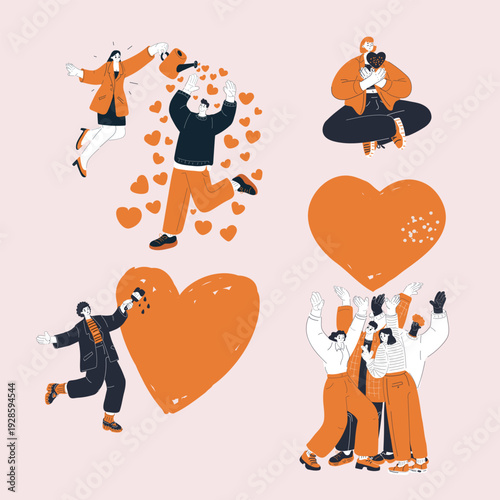 Cartoon vector illustration of women and men expressing love through painting, meditation, caring gestures, and teamwork as a symbol of compassion, connection, and shared emotional growth