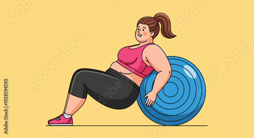 An overweight woman with a brown ponytail, wearing a pink sports bra and black leggings, leans her back against a large blue stability ball on a solid yellow background.