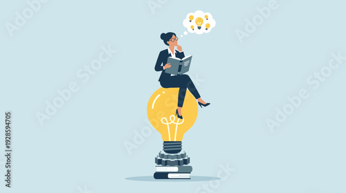 Businesswoman sitting on a giant light bulb reading a book and thinking of new creative ideas, concept of education, innovation, knowledge, problem solving, and professional growth in business.