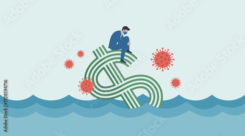 Depressed businessman wearing face mask sitting on a sinking US dollar sign in the ocean with COVID-19 virus cells, illustrating global financial crisis, economic recession, and market crash during